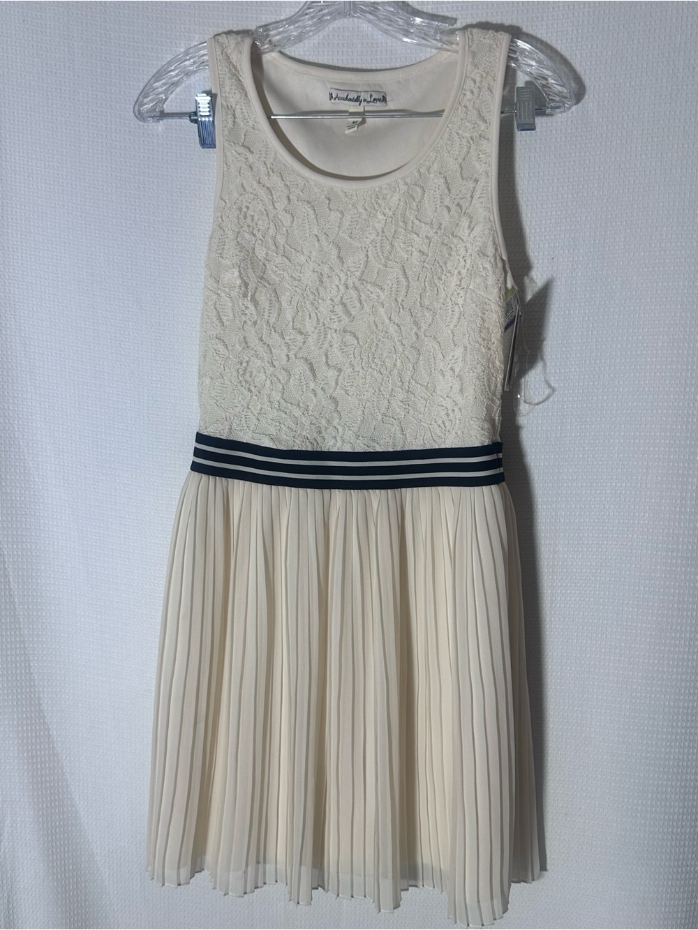 Cream Lace Bodice Pleated Skirt Dress Black Stripe Waist Size M